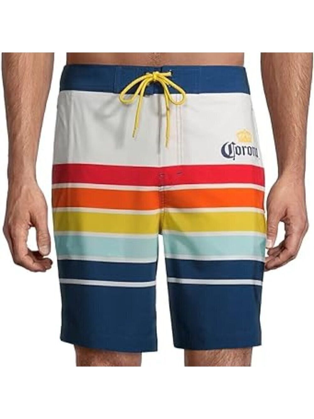 Corona Extra Mens Multi-Colored Striped Swim Trunks w Mesh Lining and Drawstring